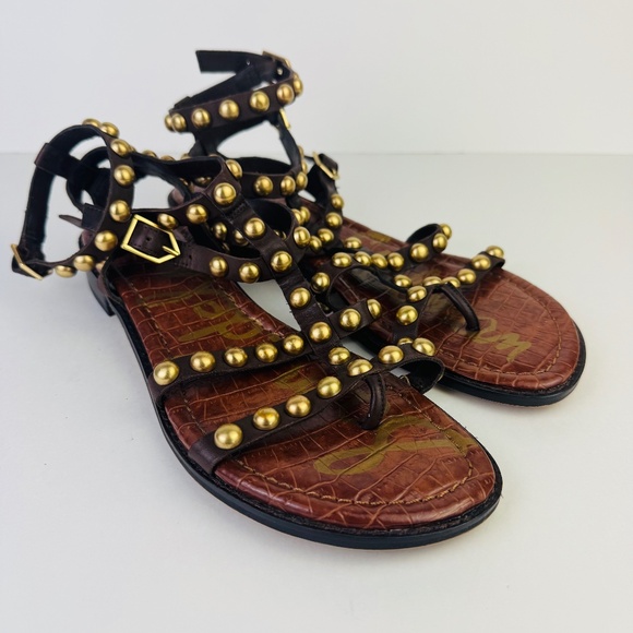 Sam Edelman Eavan Gold Studded Brown Leather Gladiator Sandals Women's Size 8M - Picture 1 of 11